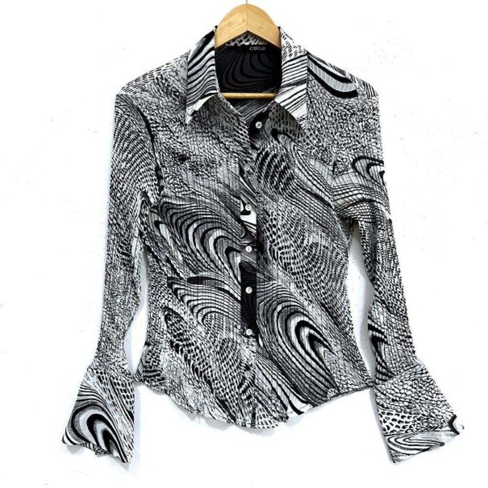 CAVIAR Animal Print Long-Sleeve Button Down Pleated Blouse